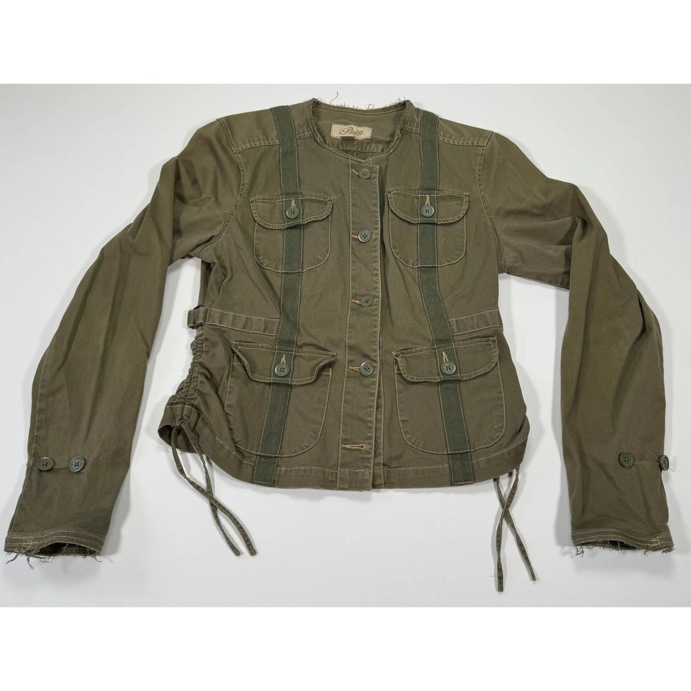Plugg Utility Jacket Womens L Olive Green Military Button Up Distressed Y2K